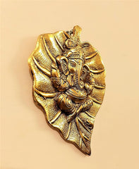 AFTERSTITCH Lord Ganesh Leaf Wall Hanging Big Brass Metal Decor for Pooja Home Decoration mandir & Gift (Golden, 19 Cm)