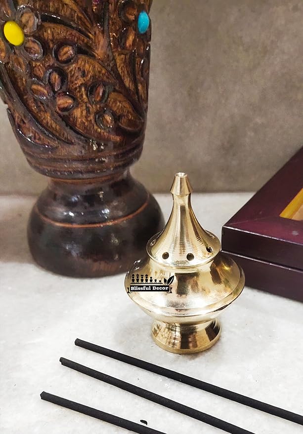 blissful decor Presents Brass Pyramid Shape 6 Agarbatti Incense Sticks Holder - for Mandir, Home, & Office Decoration (1)