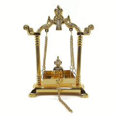 Decocracy Golden Peacock Laddu Gopal Jhula with Laddu Gopal Idol – Palna for Laddu Gopal Ji – Kanha Jhula ( Golden, 9 Inch )