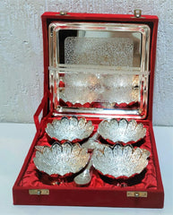 Urja Utsav Silver Plated Floral Decorative 4 Bowls & Tray with Spoon Set, Packed in Velvet Box, Silver