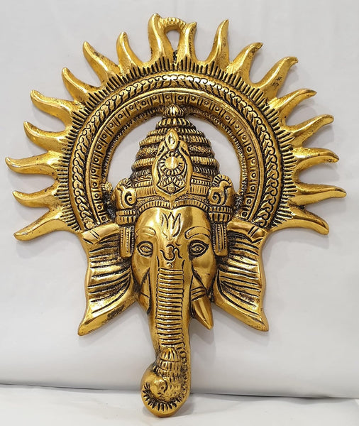 RSN Brass Ganesha Idol with Surya Chakra Rajasthani Handicrafts Wall hangings Showpiece (20 cm x 3 cm x 23 cm, Gold)