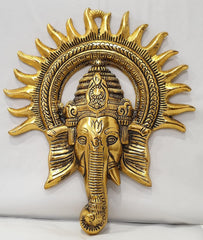 RSN Brass Ganesha Idol with Surya Chakra Rajasthani Handicrafts Wall hangings Showpiece (20 cm x 3 cm x 23 cm, Gold)