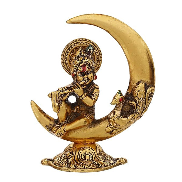 Handcrafted Lord Krishna Idol Playing Flute and Sitting On Half Moon Decorative Showpiece for Home Decor - Ideal Gift for Krishna Janmashtami, Housewarming, Wedding