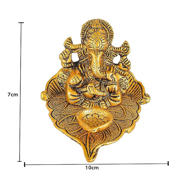 Great Art Ganesh Idol on Leaf - Lord Ganesha with Diya - Metal Hand Craved for Home Decorative Gift Puja Gifts Corporate