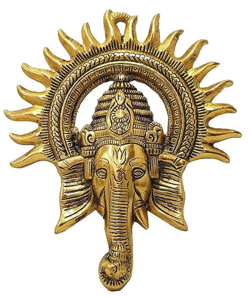 RSN Brass Ganesha Idol with Surya Chakra Rajasthani Handicrafts Wall hangings Showpiece (20 cm x 3 cm x 23 cm, Gold)
