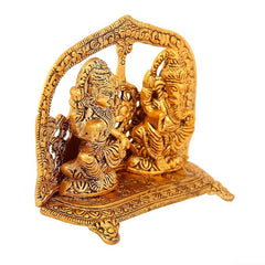 Handicrafts Paradise Metal Lakshmi Ganesh Gold Plated Seated with Arch at Back 5 Inch