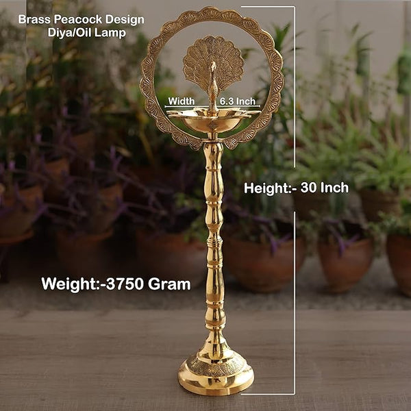 Indian Art Villa Handmade Elegant Brass Peacock Design Diya/Oil Lamp Stand, Poojan Temple Home, Gift Item Home Décor, Height 30 Inches