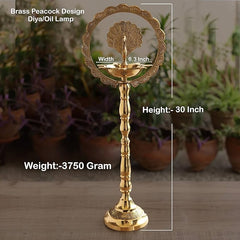 Indian Art Villa Handmade Elegant Brass Peacock Design Diya/Oil Lamp Stand, Poojan Temple Home, Gift Item Home Décor, Height 30 Inches