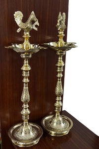 Tangerine Mahabharat Diya || Kuthu Vilakku || Brass Oil Lamp Traditionally Designed Nakasi with Annapakshi/Peacock (Height- 20 Inch)