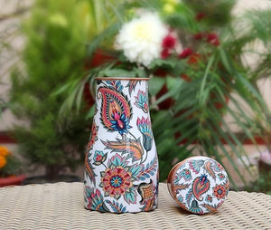 RUSTIC RELICS Meena Print Copper Water Bottle Jar - 1L | With Inbuit Glass In Lid | Beautiful And Elegant Meena Print Design | Kitchen And Bedroom Sugar Water Storage Pot