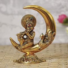 Handcrafted Lord Krishna Idol Playing Flute and Sitting On Half Moon Decorative Showpiece for Home Decor - Ideal Gift for Krishna Janmashtami, Housewarming, Wedding