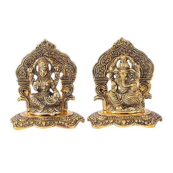 Crown Warriors metal Laxmi Ganesh Set Idol Showpiece Metal Gold Plated Lakshmi Ganesha Idols for Diwali Gifts Puja (Set 1)