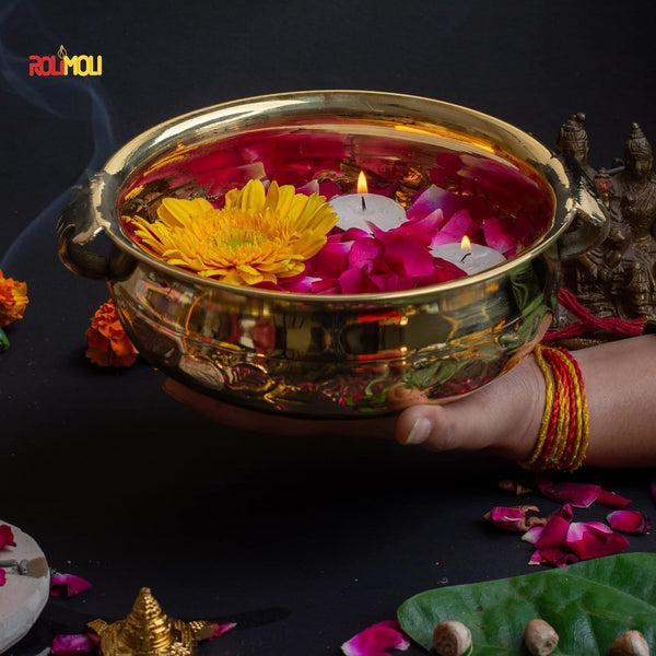 Pure Brass Design Urli Decorative Bowl Diameter 8inch Beautiful Handcrafted Bowl for Floating Flowers and Tea Light Candles Home,Office and Table Decor Special for Diwali Gift