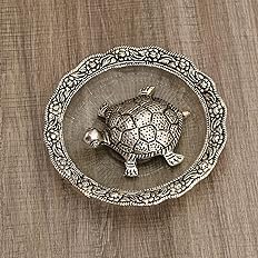 AC ANAND CRAFTS Beautiful Silver Plated Turtle Fengshui-Torrtoise on Plate for Home and Office Decor Showpiece Vastu Gift (4X15X15CM)