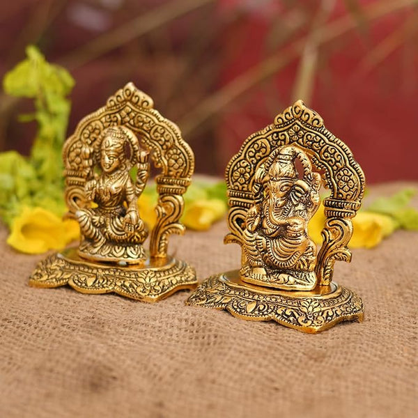 Crown Warriors metal Laxmi Ganesh Set Idol Showpiece Metal Gold Plated Lakshmi Ganesha Idols for Diwali Gifts Puja (Set 1)