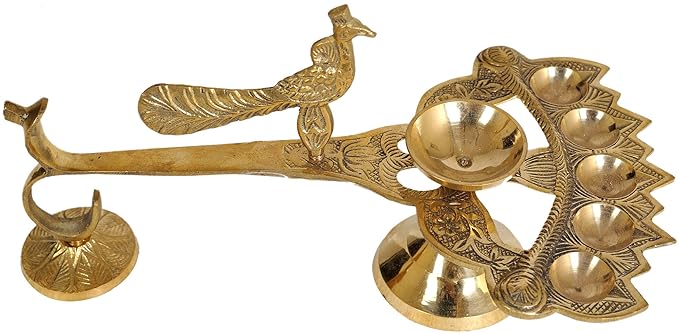 Exotic India Five Wick Diya with Dhoopdan - Brass Statue