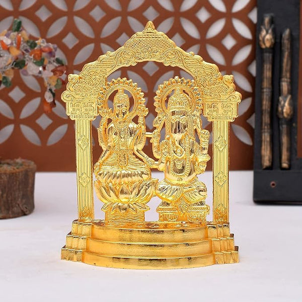 Golden Color Beautifully Crafted Laxmi Ganesh Idol Set for Diwali Pooja-F-Metal Gold Plated Laxmi Ganesha Murti Showpiece for Temple Decor (Laxmi Ganesh Idol with Frame)