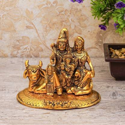 joyasnix Lord Shiva Parivar Murti Shiva Statue Ganesha Statue with Maa Parvati Idol Religious Figurine for Pooja Room, Home Temple, Office Table and Shop Decorative Showpiece Decorative Showpiece - 11 cm  (Aluminium, Gold)