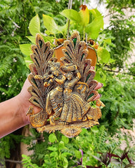 Wonder Care |Peacock Design Radha Krishna Idol Showpiece with Diya for Puja and Home Decor (8 x 6 Inches), Metal (1 Piece) (Peacock Radha Krishn)