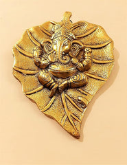 AFTERSTITCH Lord Ganesh Leaf Wall Hanging Big Brass Metal Decor for Pooja Home Decoration mandir & Gift (Golden, 19 Cm)