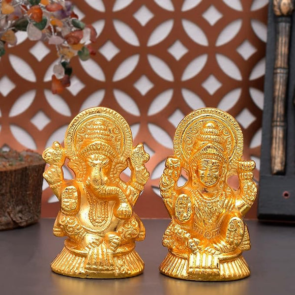 Piepot Laxmi Ganesh Idol Set for Diwali Pooja--Metal Gold Plated Laxmi Ganesha Murti Showpiece for Temple Decor (Laxmi Ganesh Idol)