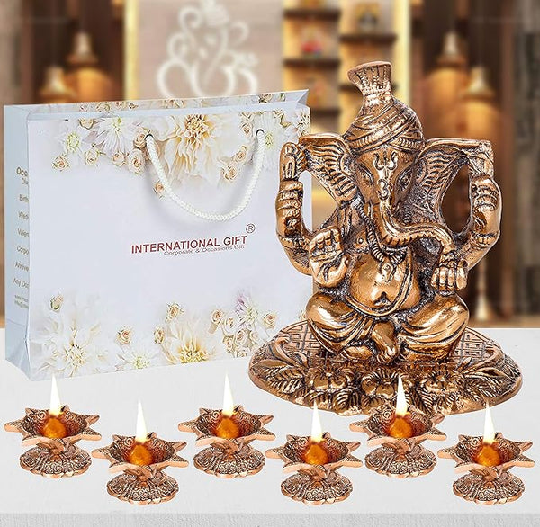 INTERNATIONAL GIFT® Copper Plated Pagdi Ganesh God Idol Statue Oxidized Finish with 6 Piece Jyot with Beautiful Velvet Box Packing and with Carry Bag (10H x 8W x 8L Centimeters)