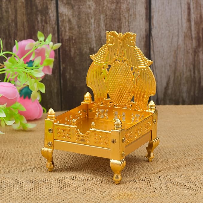VJSHREE Golden Metal Home Decor Handcrafted ladoo Gopal singhasan, Singhasan for God, Chowki for Home, Tample, Showpiece (Gold, Large)