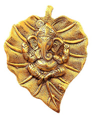 AFTERSTITCH Lord Ganesh Leaf Wall Hanging Big Brass Metal Decor for Pooja Home Decoration mandir & Gift (Golden, 19 Cm)