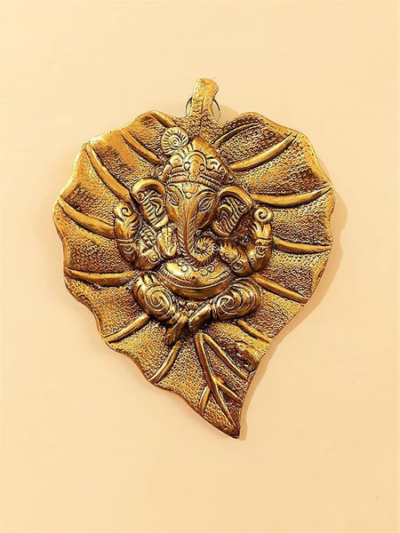 AFTERSTITCH Lord Ganesh Leaf Wall Hanging Big Brass Metal Decor for Pooja Home Decoration mandir & Gift (Golden, 19 Cm)