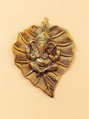 AFTERSTITCH Lord Ganesh Leaf Wall Hanging Big Brass Metal Decor for Pooja Home Decoration mandir & Gift (Golden, 19 Cm)