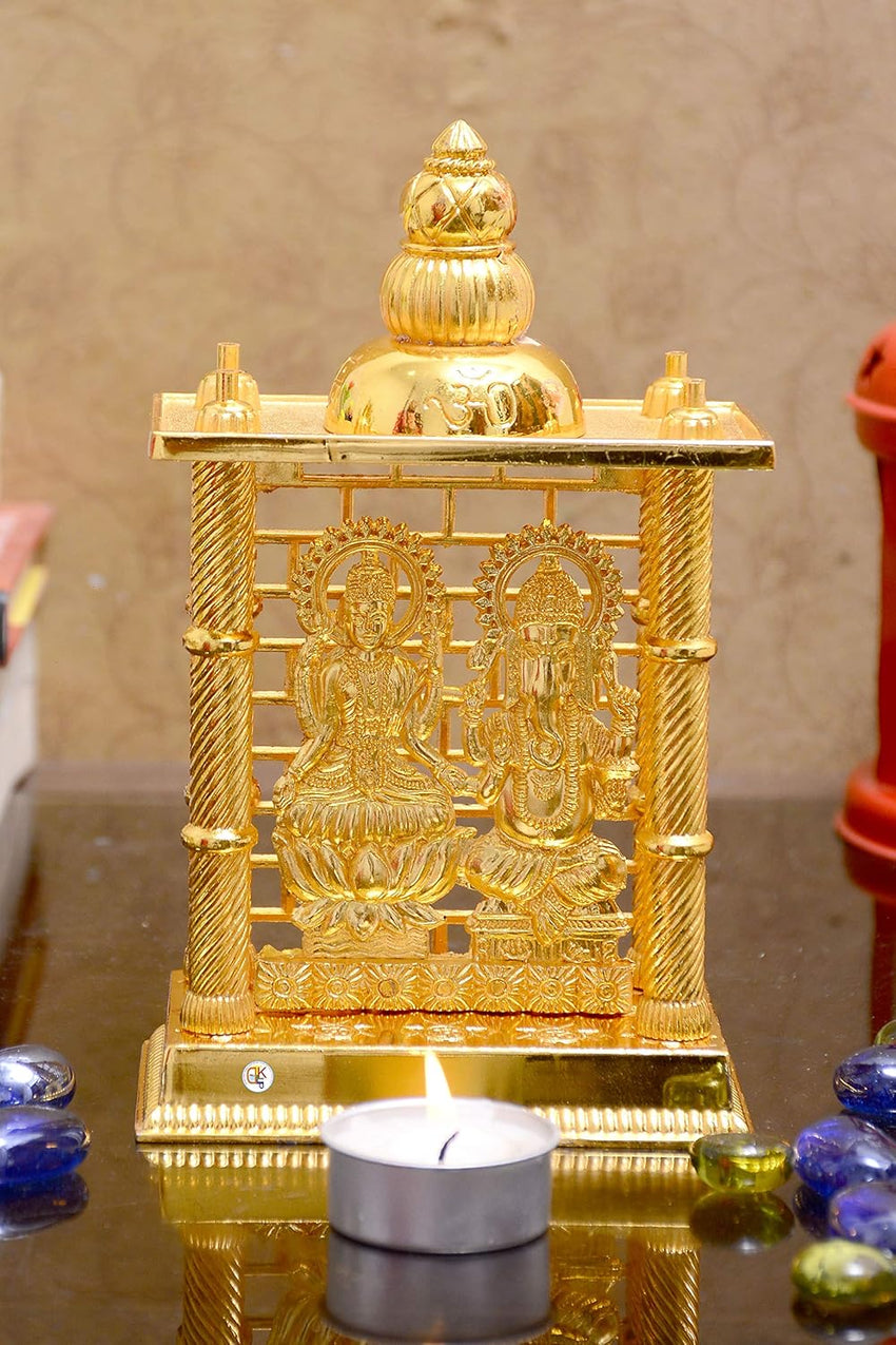 KDT Gold Plated Aluminium Lakshmi Ganesh Idol Murti Temple for Pooja | Maa Laxmi Ganesh Handmade Statue Laxmi MATA, Ganesh Ji Murti for Diwali Pooja Lord Ganesha Laxmi