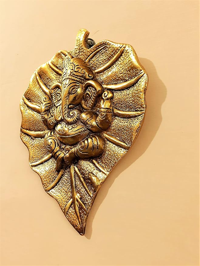AFTERSTITCH Lord Ganesh Leaf Wall Hanging Big Brass Metal Decor for Pooja Home Decoration mandir & Gift (Golden, 19 Cm)