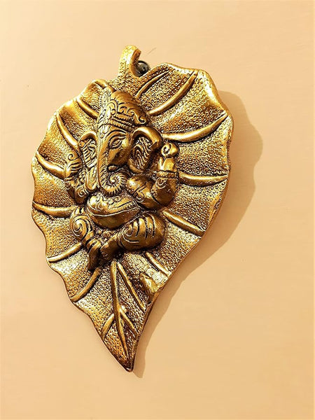 AFTERSTITCH Lord Ganesh Leaf Wall Hanging Big Brass Metal Decor for Pooja Home Decoration mandir & Gift (Golden, 19 Cm)