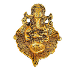 Great Art Ganesh Idol on Leaf - Lord Ganesha with Diya - Metal Hand Craved for Home Decorative Gift Puja Gifts Corporate