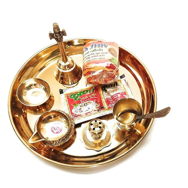 Chircrafts Brass Pital Puja Thali with Glass,Diya,Dhoopbatistand,Ghanti,Spoon,katori roli kalava Combo Set for Special Occasions Diwali Pooja/Aarti for Home Temple Office,Size - 8" Inch