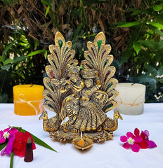 Wonder Care |Peacock Design Radha Krishna Idol Showpiece with Diya for Puja and Home Decor (8 x 6 Inches), Metal (1 Piece) (Peacock Radha Krishn)
