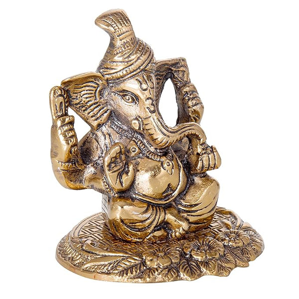 INTERNATIONAL GIFT® Copper Plated Pagdi Ganesh God Idol Statue Oxidized Finish with 6 Piece Jyot with Beautiful Velvet Box Packing and with Carry Bag (10H x 8W x 8L Centimeters)