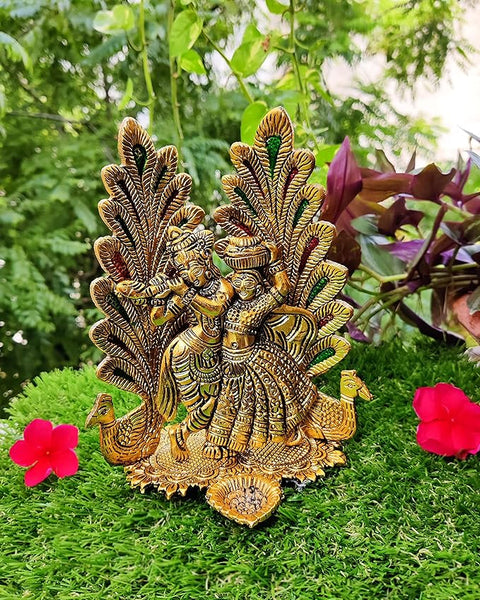 Wonder Care |Peacock Design Radha Krishna Idol Showpiece with Diya for Puja and Home Decor (8 x 6 Inches), Metal (1 Piece) (Peacock Radha Krishn)