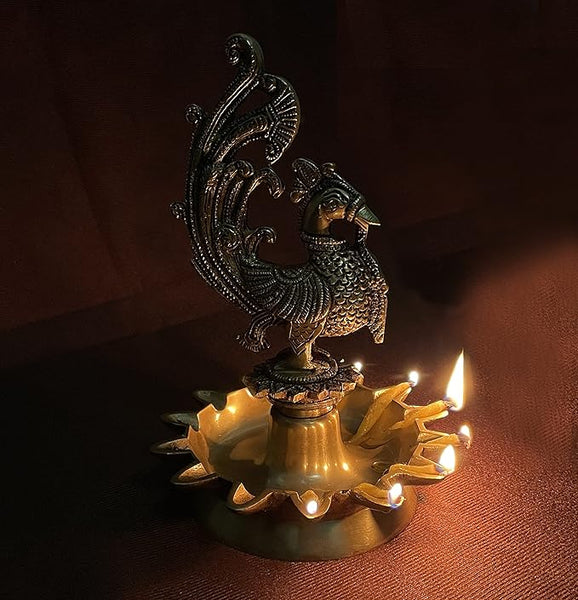 La Creativity Brass Peacock Design Oil Diya with Base for Home Decor (Antique Yellow)