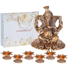 INTERNATIONAL GIFT® Copper Plated Pagdi Ganesh God Idol Statue Oxidized Finish with 6 Piece Jyot with Beautiful Velvet Box Packing and with Carry Bag (10H x 8W x 8L Centimeters)