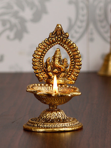 Lord Ganesha Idol with Diya Handcrafted Golden Metal Showpiece