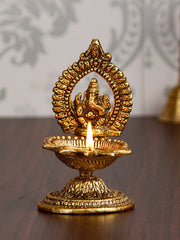 Lord Ganesha Idol with Diya Handcrafted Golden Metal Showpiece