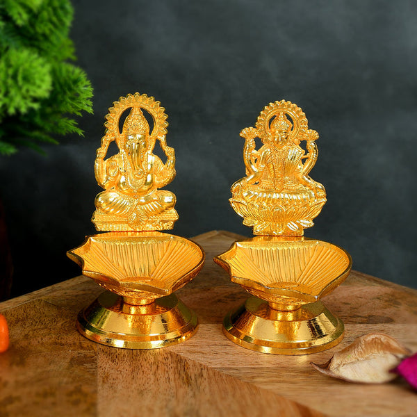 Golden Set Of 2 Lord Ganesha & Goddess Laxmi Diyas