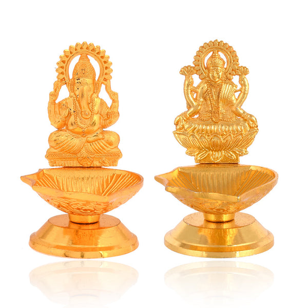 Golden Set Of 2 Lord Ganesha & Goddess Laxmi Diyas