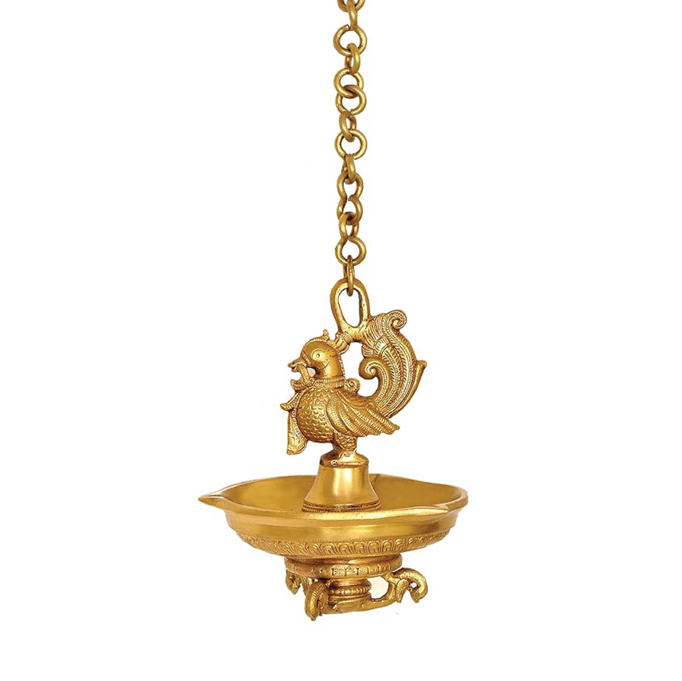 BRASS HANGING PEACOCK DIYA DEEPAK DEEPAM OIL DIYA LAMP FOR DIWALI POOJA 22 INCH
