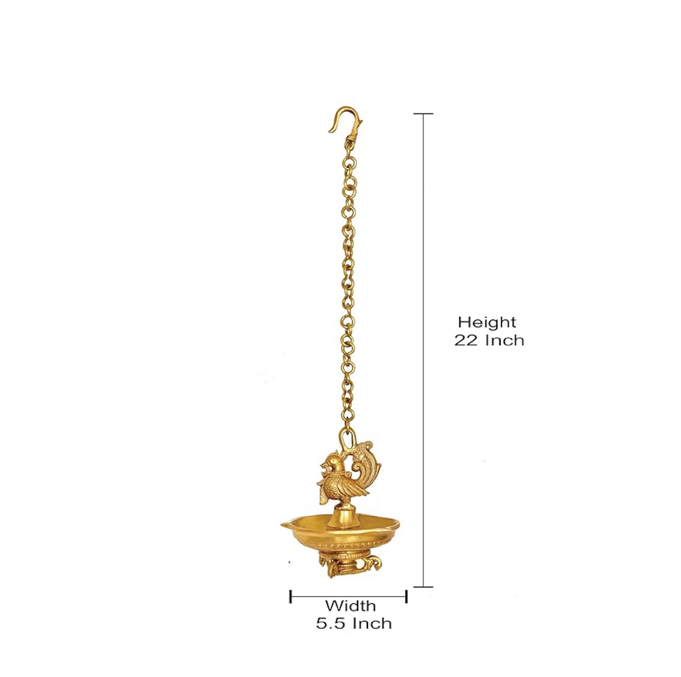 BRASS HANGING PEACOCK DIYA DEEPAK DEEPAM OIL DIYA LAMP FOR DIWALI POOJA 22 INCH