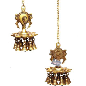 SUSAJJIT DECOR Decorative Shankh and Chakra Design Brass Hanging Oil Lamp, Diya or Deepak with Bells Brass (Pack of 2) Hanging Diya Set  (Height: 7 inch)