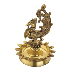 La Creativity Brass Peacock Design Oil Diya with Base for Home Decor (Antique Yellow)