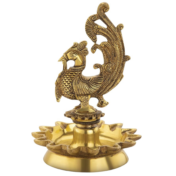 La Creativity Brass Peacock Design Oil Diya with Base for Home Decor (Antique Yellow)