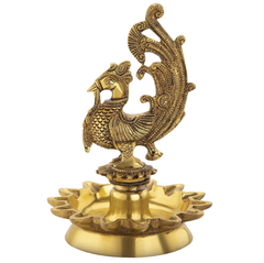 La Creativity Brass Peacock Design Oil Diya with Base for Home Decor (Antique Yellow)